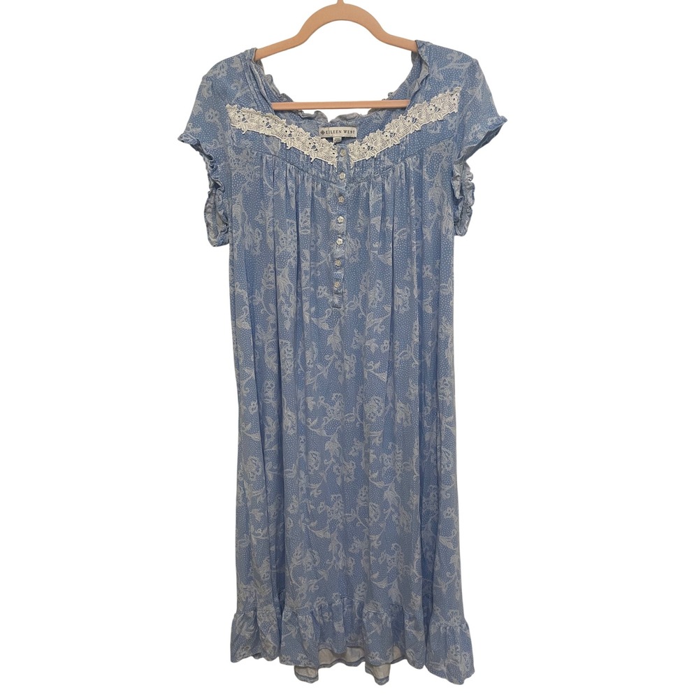Eileen West Nightgown Blue Floral Lace Trim Jersey Short Sleeve Large